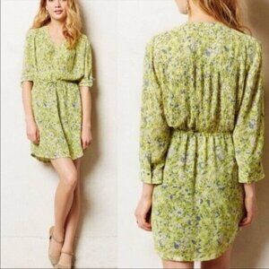 Anthropologie Maeve S Small Yellow Floral Galen Mini Dress Rounded Hem W/ Lining